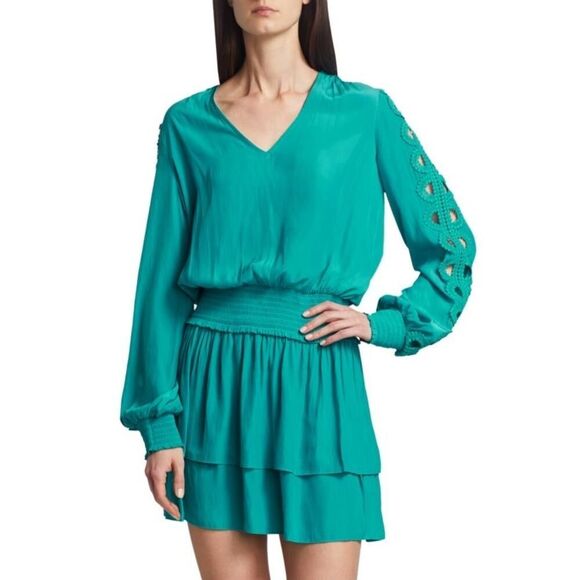 Ramy Brook Starling Dress Women's Small Teal Embellished-Sleeve Mini Smocked - Picture 11 of 13